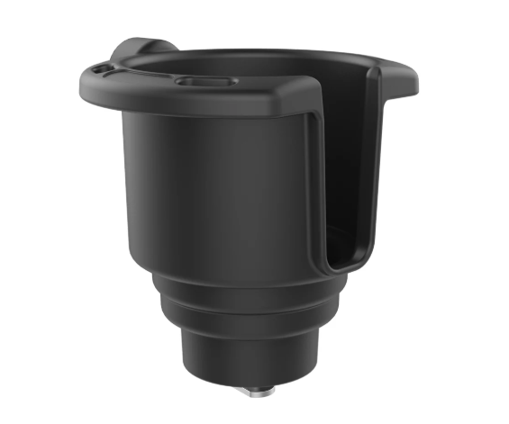 RAM Mounts RAP-429TU drink cup holder for Tough-Track systems, fitting various cup sizes with a mug-handle slot, drain hole and horizontal or vertical track mounting.