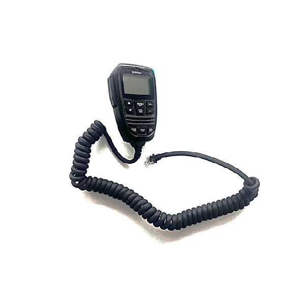 Uniden RM-X76 remote speaker microphone for the X76 UHF CB radio, featuring a large backlit LCD, keypad controls and remote access to radio functions including Instant, Call and Monitor.