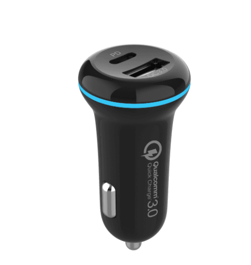 Aerpro APCC220 dual USB in-car charger with 18W USB-C Power Delivery, 18W USB-A QC3.0 fast charging, blue LED indicator and 12/24V vehicle compatibility.