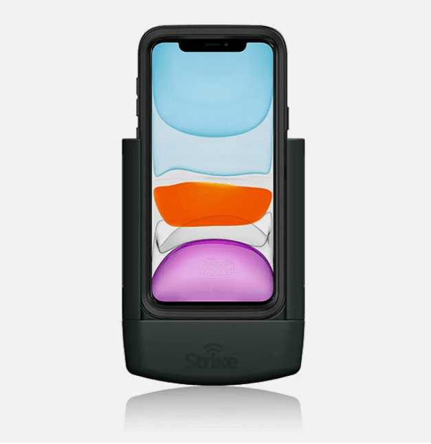 Strike Alpha AL-STK APP IP11-OD DIY car cradle for Apple iPhone 11 fitted with an OtterBox Defender case, designed for secure in-vehicle mounting.