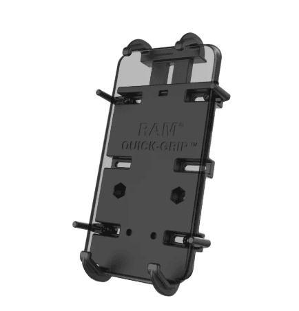RAM Mounts RAM-HOL-PD4U Quick-Grip XL large phone holder with spring-loaded grip, adjustable side supports, one-handed phone insertion and AMPS mounting compatibility.