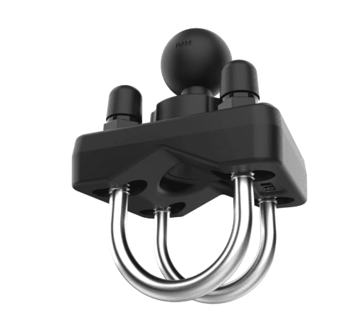 RAM Mounts RAM-B-235U B Size double U-bolt ball base with 1-inch rubber ball and two stainless steel U-bolts for 1- to 1.25-inch diameter rails.