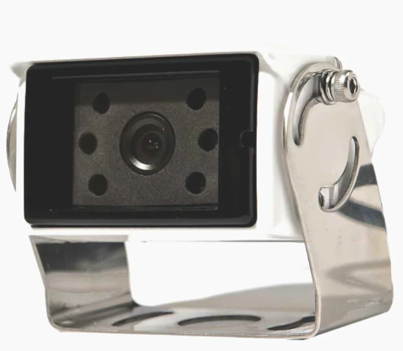 Polaris CC77 heavy-duty white reverse camera with 120-degree wide-angle lens, 420-line CVBS PAL video, IP69K waterproof rating, 30G shock resistance and 20m cable.