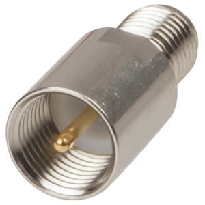 PA0621 metal RF adaptor with FME male plug to SMA female socket for connecting compatible antenna and coaxial cable systems.