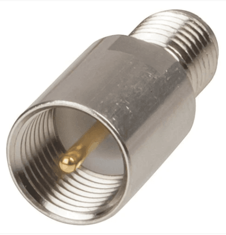 PA0621 metal RF adaptor with FME male plug to SMA female socket for connecting compatible antenna and coaxial cable systems.