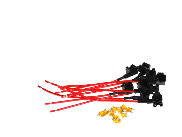 Aerpro APFTAP3B micro blade fuse tap 10-pack with dual fuse slots, bare wire leads and included 5A fuses for adding 12V vehicle accessory circuits.