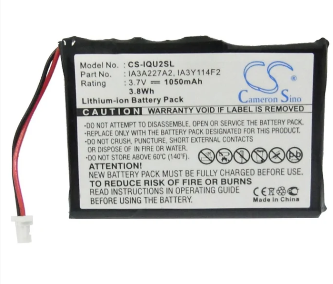 Garmin CS-IQU2SL 3.7V 1050mAh lithium-ion replacement battery for Garmin Quest 2 GPS, black, measuring 50.34 x 36.43 x 5.46mm.