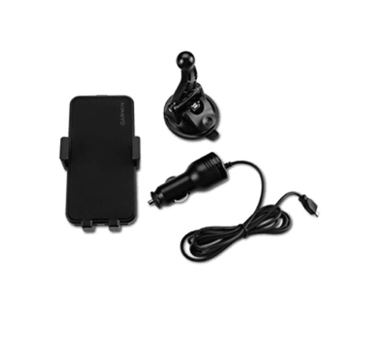 Garmin 010-12099-01 universal smartphone mount with adjustable cradle for 58.6–76mm wide phones, windshield mount, micro USB charger, USB-C adaptor and extra USB port.