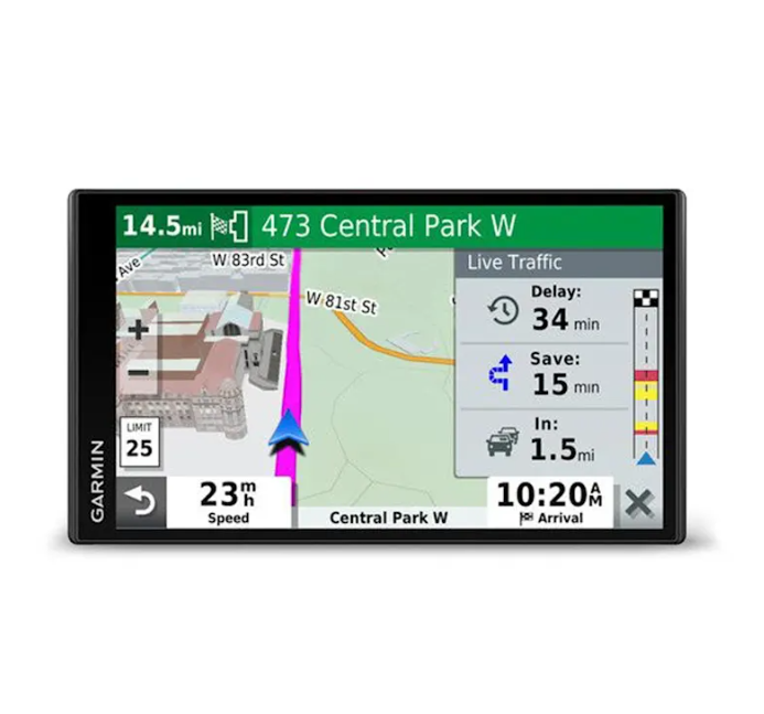 Garmin DriveSmart 65 6.95-inch GPS navigator with traffic cable, voice assistant, Bluetooth hands-free calling, Wi-Fi updates, driver alerts and detailed North America maps.