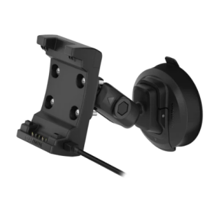 Garmin 010-12881-00 suction cup mount with integrated speaker, dual USB power adapter and charging support for compatible Garmin navigation devices.