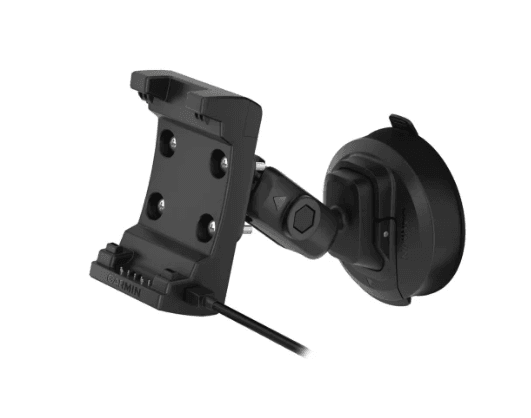 Garmin 010-12881-00 suction cup mount with integrated speaker, dual USB power adapter and charging support for compatible Garmin navigation devices.