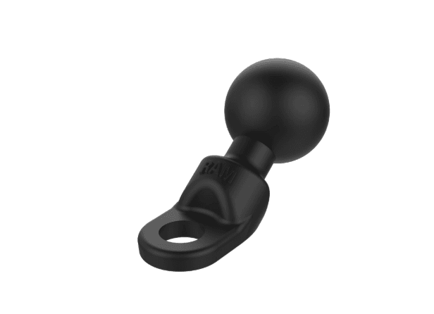 RAM Mounts RAM-B-272U B Size angled bolt head adapter base with 1-inch rubber ball, 9mm mounting hole and powder-coated marine-grade aluminium construction for motorcycle mirror mounting.