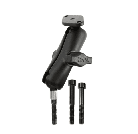 RAM Mounts RAM-B-186U motorcycle handlebar clamp mount with M8 bolts, B Size rubber ball system, medium double socket arm and diamond plate for adjustable electronics mounting.