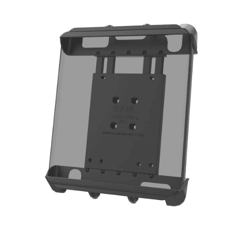 RAM Mounts RAM-HOL-TAB8U Tab-Tite spring-loaded tablet holder for Apple iPad Pro 9.7 with case and compatible tablets, with interchangeable end cups and AMPS mounting pattern.
