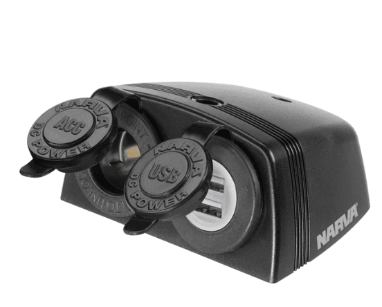 Narva 81168BL heavy-duty surface-mount accessory and dual USB socket with dustproof covers, plastic housing, 20A accessory socket at 12V and 5V 2.5A USB output.