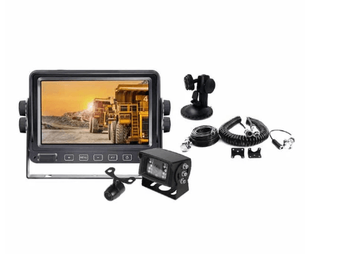 Axis HD5120CK high-resolution caravan rear-view camera kit with 5-inch LCD monitor, two 720p IP69K cameras, infrared night vision, integrated microphones and universal 4-pin connections.