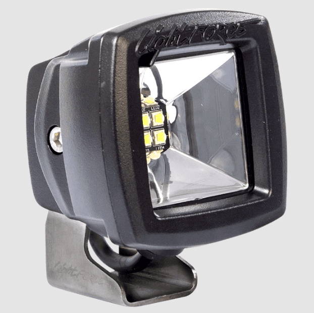 Lightforce ROK40UF 24W ultra-flood LED utility light with 2342 effective lumens, 5000K colour temperature, 9–36V operation, IP69K waterproof rating and 39m one-lux beam distance.