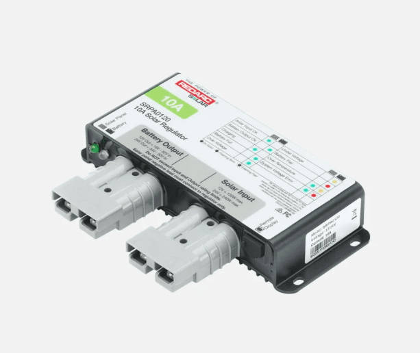 REDARC SRPA0120 10A solar regulator with multistage boost, absorption and float charging, Anderson SB50 connectors and over-temperature, overcharge and reverse-polarity protection.