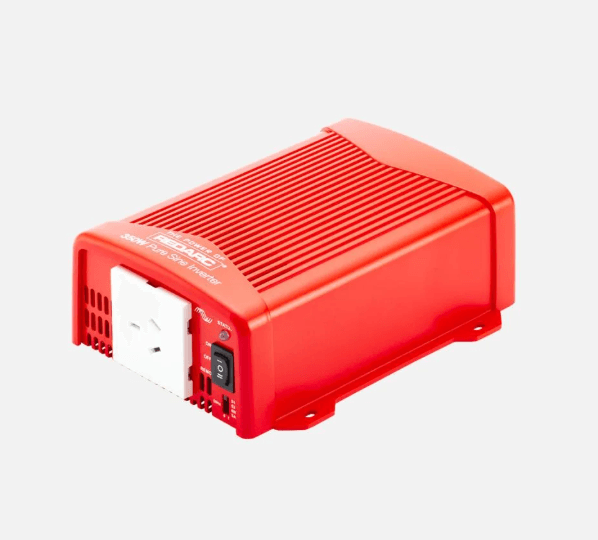 REDARC R-12-350RS2 350W 12V pure sine wave inverter providing 240V AC output with fully isolated input and output, overload, short-circuit and over-temperature protection, plus load-controlled cooling fan.