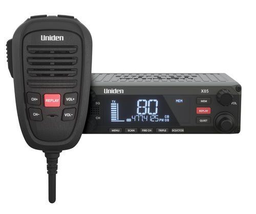 Uniden X85 DIN-mount 5W UHF CB radio with Smart Mic, large LCD display and 12/24V support for trucks and heavy vehicles.