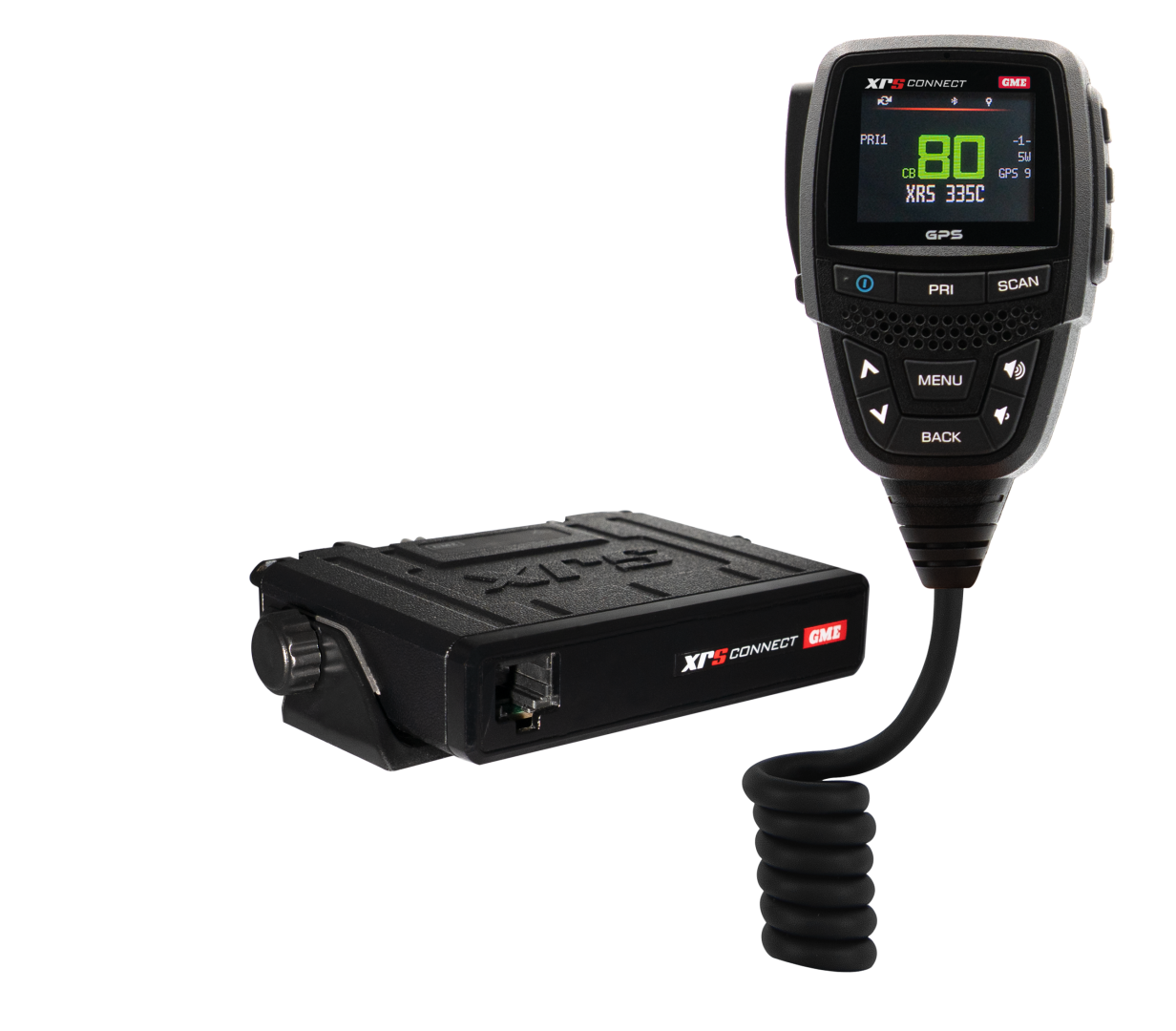 GME XRS-335C 5W super compact UHF CB radio with IP67 speaker microphone, colour TFT display, Bluetooth and built-in GPS.
