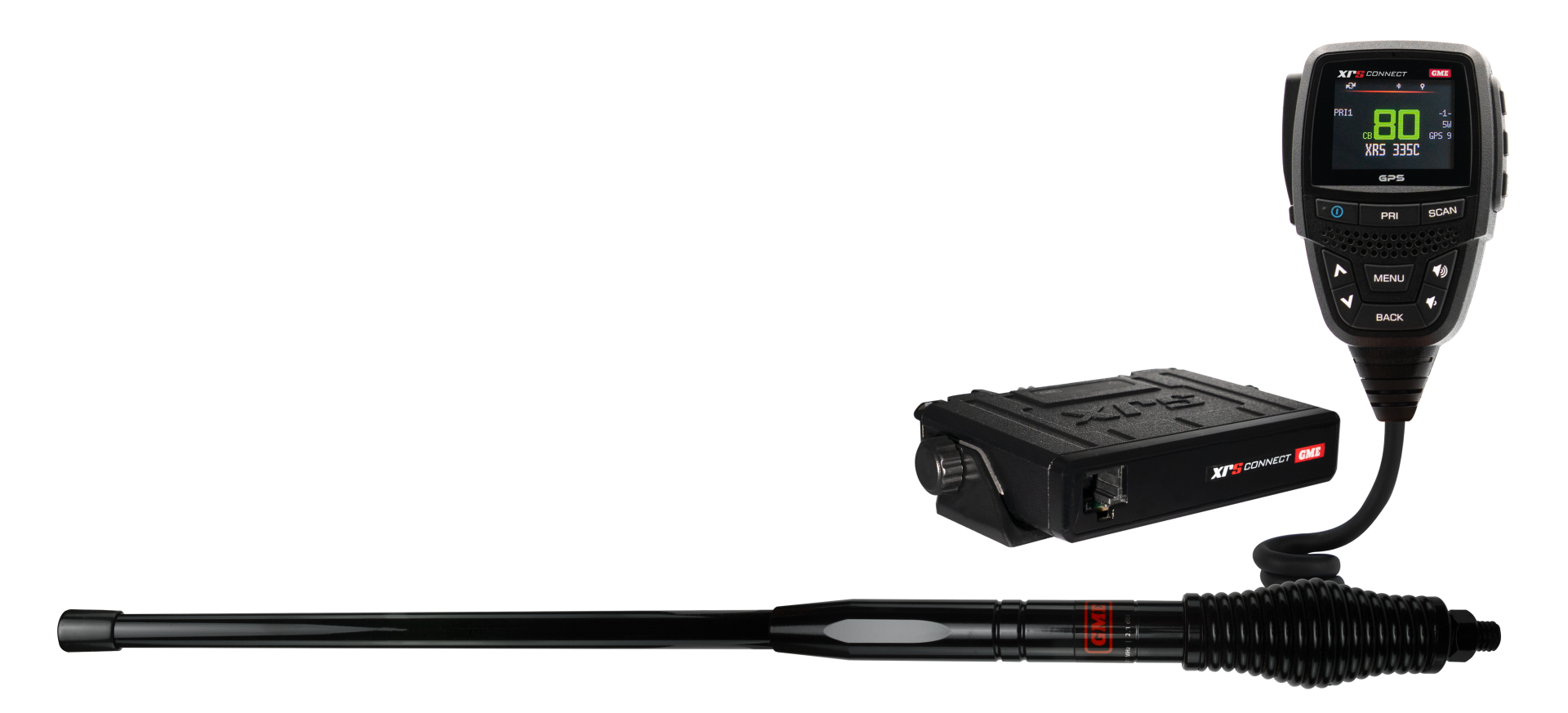 GME XRS-335COB XRS Connect Outback Pack with 5W super compact UHF CB radio, IP67 speaker microphone and AE4707B 2.1dBi antenna.