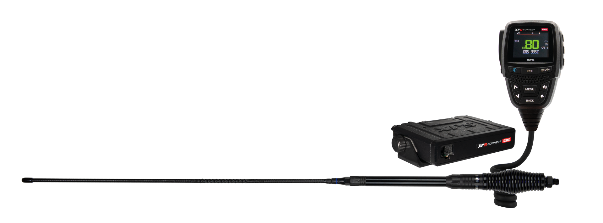 GME XRS-335CTP XRS Connect Touring Pack with 5W compact UHF CB radio, IP67 speaker microphone and AE4018BK1 6.6dBi antenna.