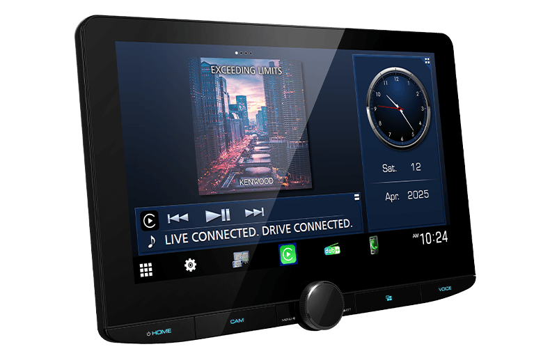 KENWOOD DMX9724XDS 10.1-inch digital multimedia receiver with floating HD touchscreen, wireless Apple CarPlay, Android Auto, Bluetooth, DAB+ and four camera inputs.