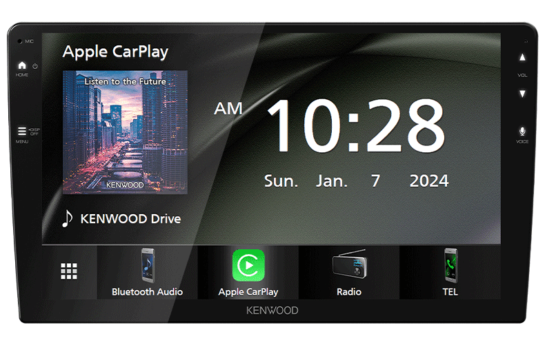Kenwood DMX80AXS 9-inch digital multimedia receiver with WSVGA capacitive touchscreen, wireless Apple CarPlay, Android Auto, Bluetooth, Wi-Fi and rear camera input.