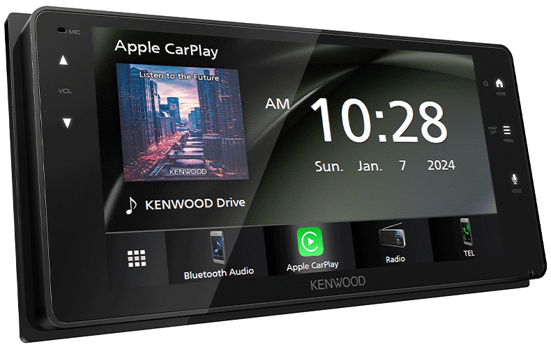 Kenwood DMX723WS 6.8-inch 200mm digital multimedia receiver with WSVGA capacitive touchscreen, wireless Apple CarPlay, Android Auto, Bluetooth, Wi-Fi and rear camera input.
