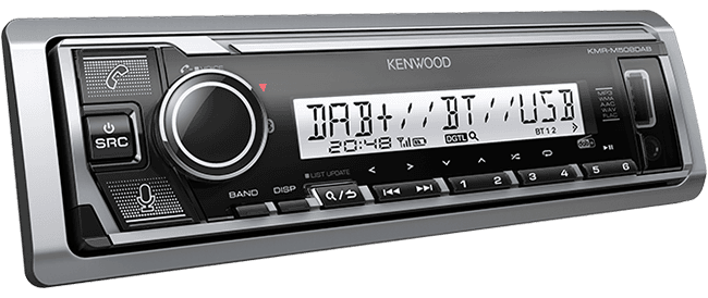KENWOOD KMR-M508DAB marine digital media receiver with Bluetooth, DAB+ tuner, front USB and AUX inputs, multicolour display, short chassis and moisture-resistant conformal coating.