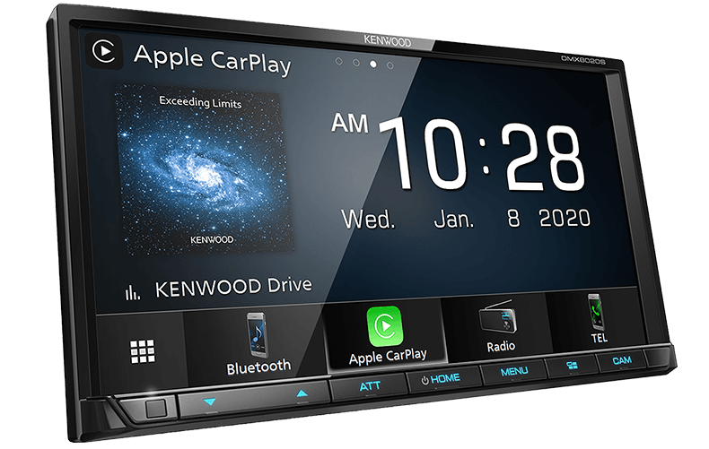 Kenwood DMX8020S 7-inch digital media receiver with WVGA touchscreen, Apple CarPlay, Android Auto, Bluetooth, three camera inputs, 13-band EQ and digital time alignment.