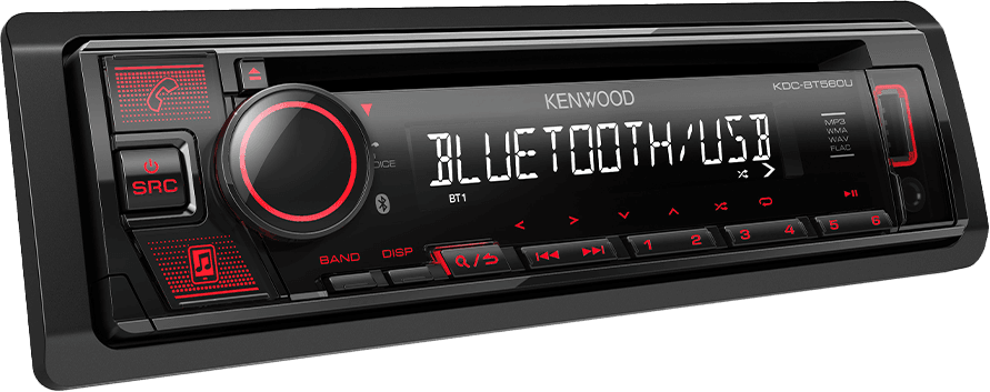 Kenwood KDC-BT560U CD receiver with built-in Bluetooth, front USB and AUX inputs, 13-band EQ, digital time alignment, red/white illumination and 2.5V preout.