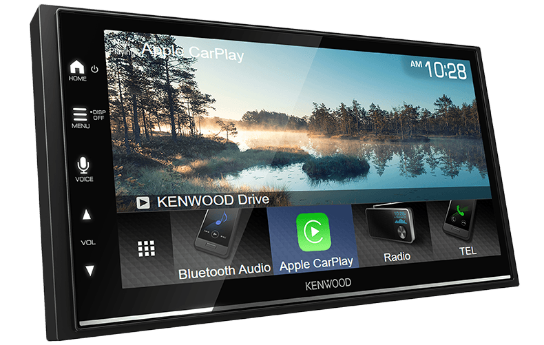 Kenwood DMX7522S 6.8-inch digital media receiver with wireless Apple CarPlay, Android Auto, Bluetooth, dual camera inputs, 13-band EQ, digital time alignment and short-chassis design.