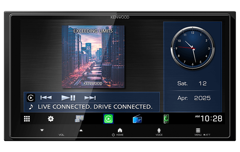 KENWOOD DMX7525S 6.92-inch digital multimedia receiver with wireless Apple CarPlay, Android Auto, Bluetooth, Wi-Fi and dual camera inputs.