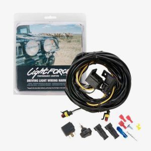 Lightforce LFDLH 12V driving light wiring harness with resistor-protected 30A relay, waterproof blade fuse holder, extra-long cables and positive or negative switching capability.