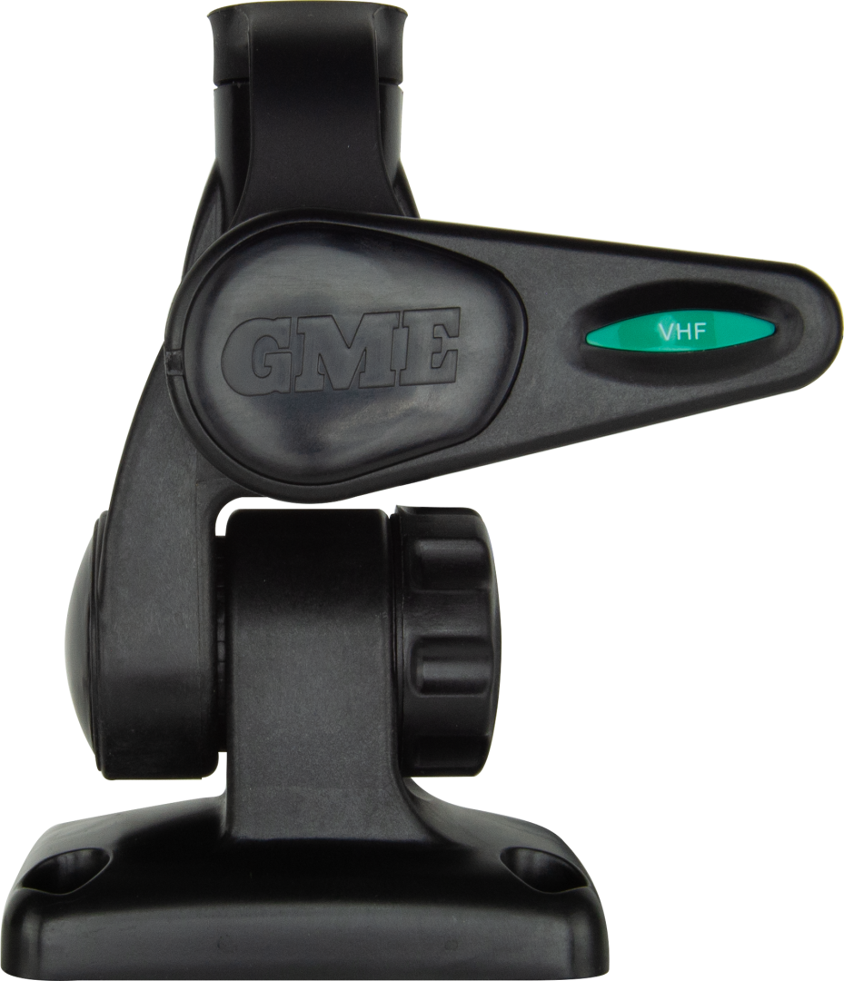 GME ABL012B black double-swivel rectangular marine antenna base with ground-independent design, 5m lead and colour-coded inserts for compatible AW36XX antenna whips.