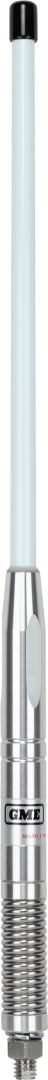 GME AE4701 580mm white UHF CB radome antenna with 2.1dBi gain, stainless steel spring base, interchangeable whip, ground-independent design and pre-terminated FME connector.