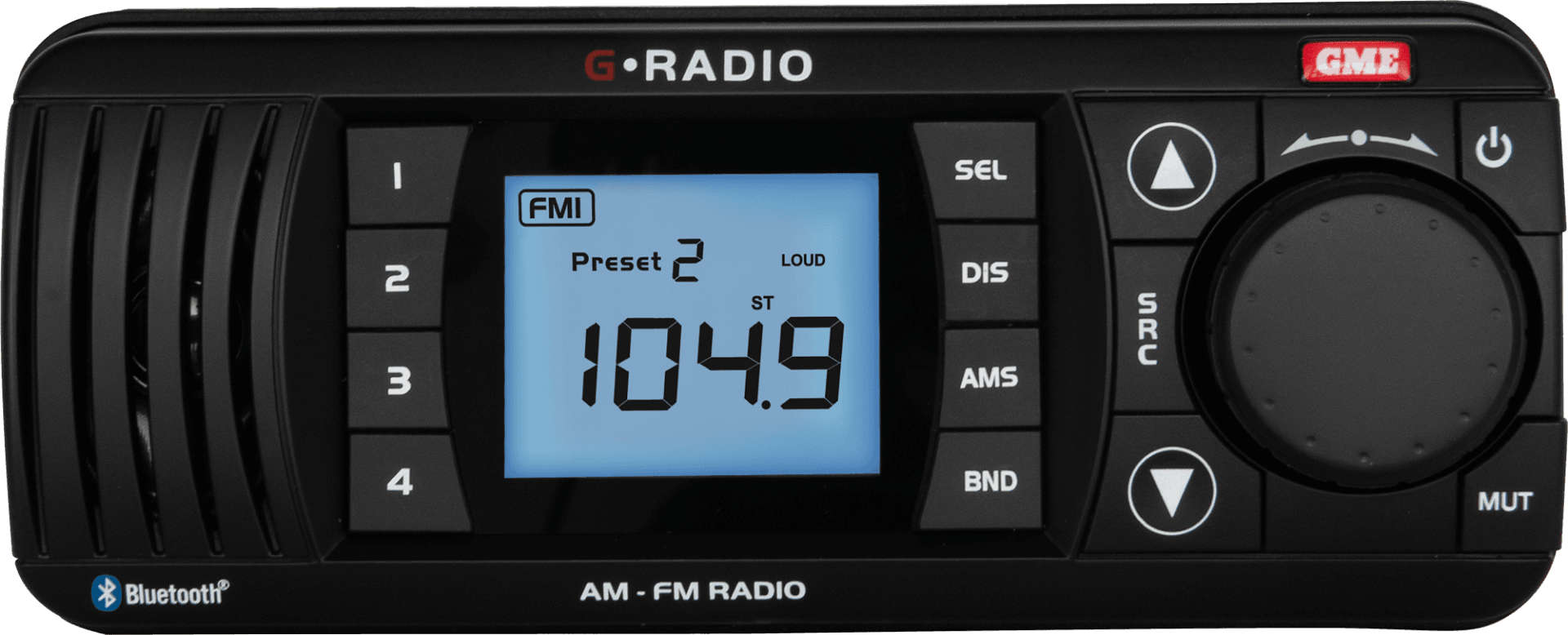 GME GR300BTB black Bluetooth AM/FM marine stereo with IPX7 waterproofing, backlit LCD display, front-facing speaker, AUX input and 2 x 40W external speaker outputs.