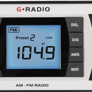 GME GR300BTW white Bluetooth AM/FM marine stereo with IPX7 waterproofing, backlit LCD display, front-facing speaker, AUX input and 2 x 40W external speaker outputs.