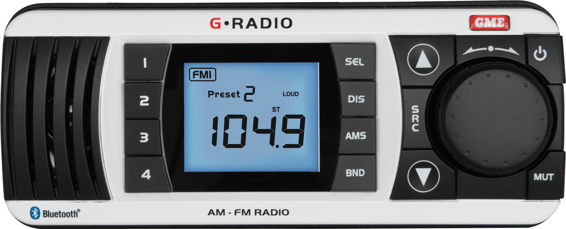 GME GR300BTW white Bluetooth AM/FM marine stereo with IPX7 waterproofing, backlit LCD display, front-facing speaker, AUX input and 2 x 40W external speaker outputs.