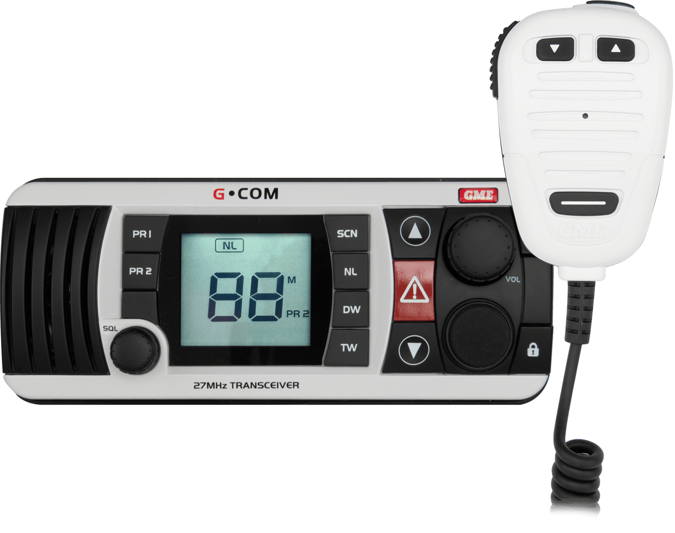 GME GX400W white 27MHz fixed-mount marine radio with marine and CB frequencies, waterproof speaker microphone, large backlit LCD, IPX7 protection, channel scanning and dual/triple watch functions.