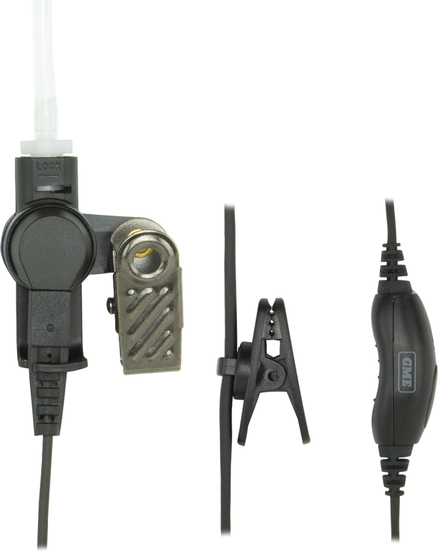 GME HS010 security earpiece kit with clear acoustic tube, lapel microphone and in-line PTT/VOX switch for compatible GME handheld UHF radios.