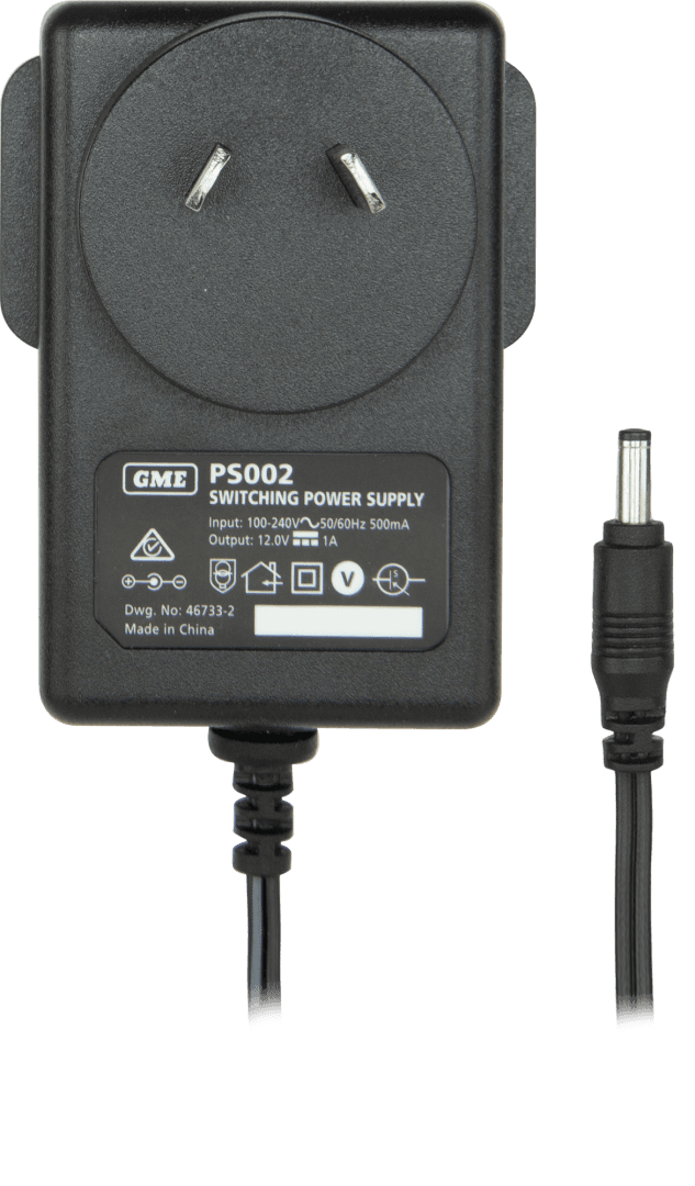 GME PS002 1A power supply with 240V AC input and 12V DC 1A output, designed for compatible GME BCD014, BCD015, BCD020 and BCD021 chargers.