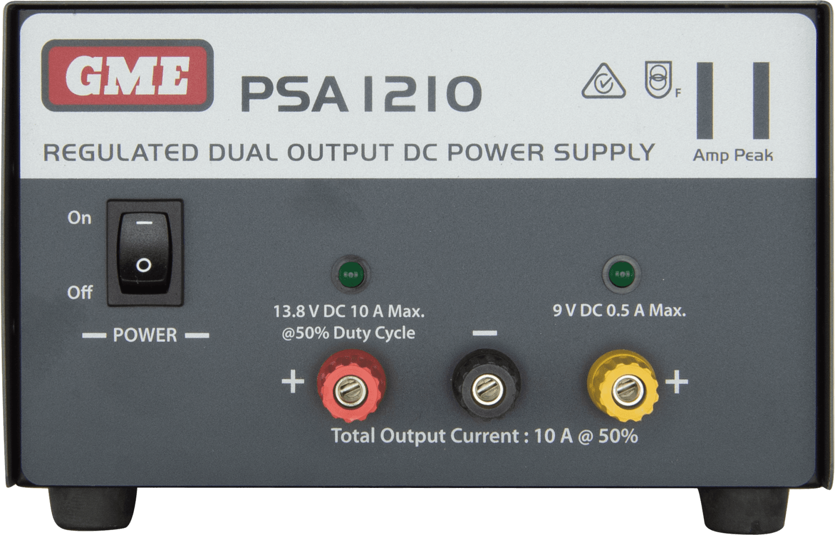 GME PSA1210 regulated power supply with 11A peak output, converting 240V AC to 13.8V DC, with current limiting, thermal fuse protection and rugged steel construction.