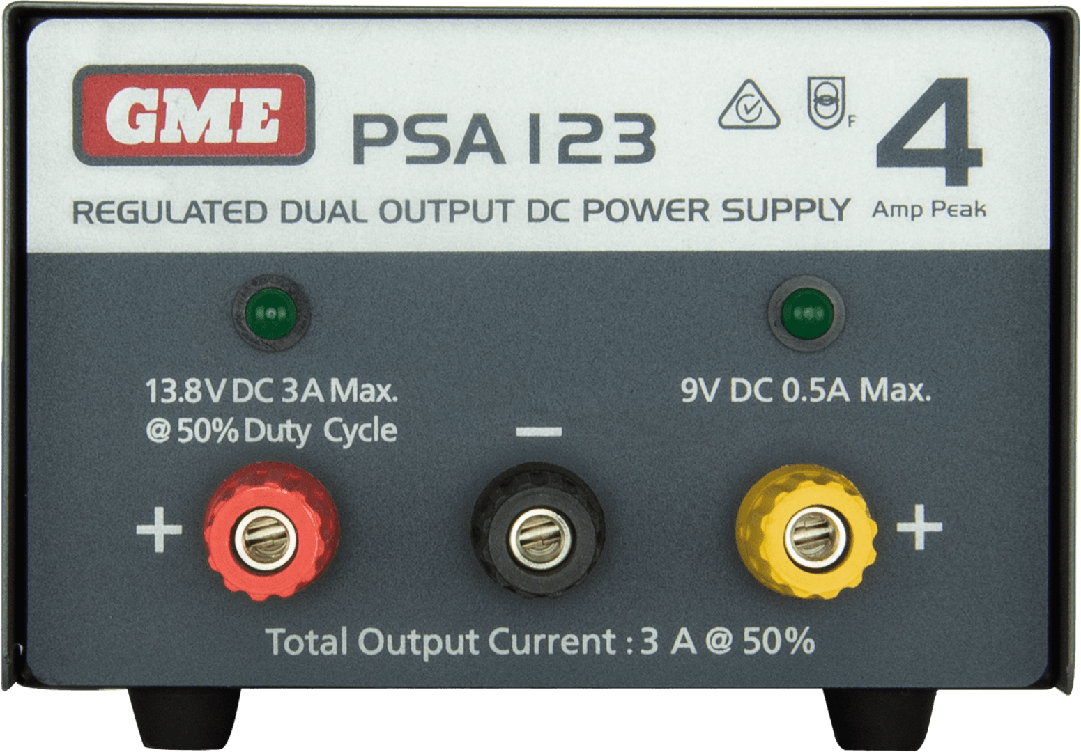 GME PSA123 regulated power supply with 4A peak output, converting 240V AC to 13.8V DC, with over-voltage protection, current limiting and thermal fuse protection.