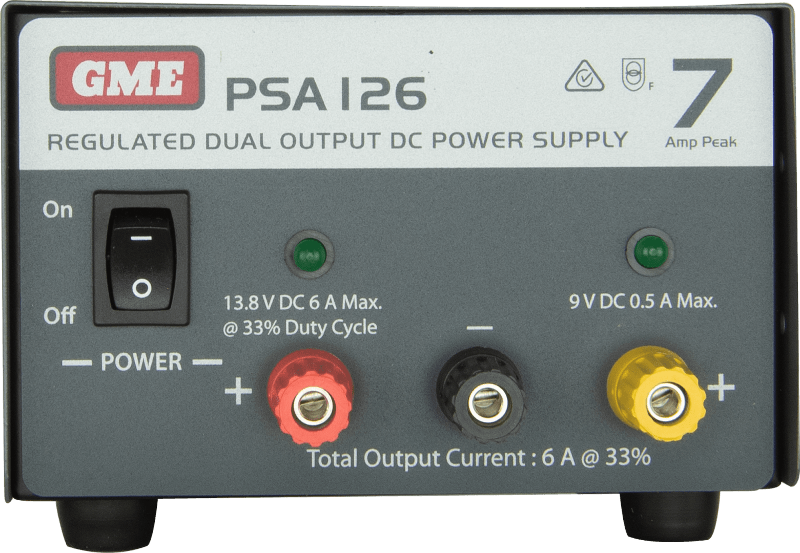 GME PSA126 regulated power supply with 7A peak output, converting 240V AC to 13.8V DC, with over-voltage protection, current limiting and thermal fuse protection.