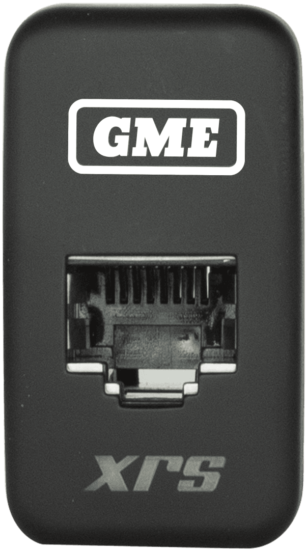 GME XRS-RJ45W2 Type 2 white RJ45 pass-through adaptor for XRS Connect UHF CB radios, with CAT.6 shielded housing, white LED backlight and compatibility with selected Toyota switch blanks.