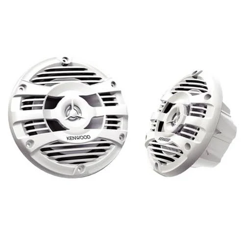 KENWOOD KFC-1653MRW marine speaker with water-resistant polypropylene woofer, 1-inch balanced dome tweeter and 4-ohm impedance.